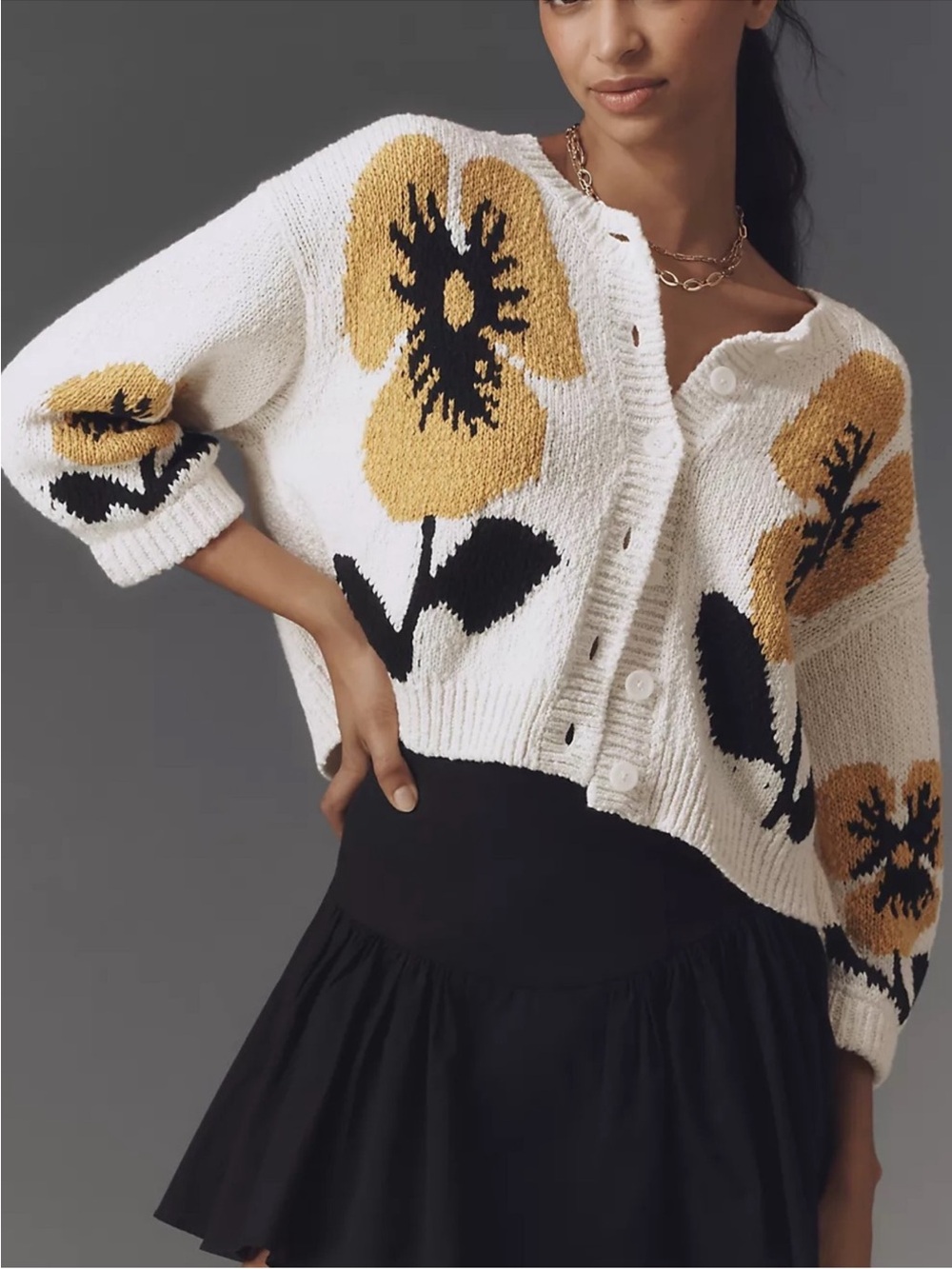 Anthropologie Maeve Elbow-Sleeve Cardigan Sweater in Yellow Floral Print NWT